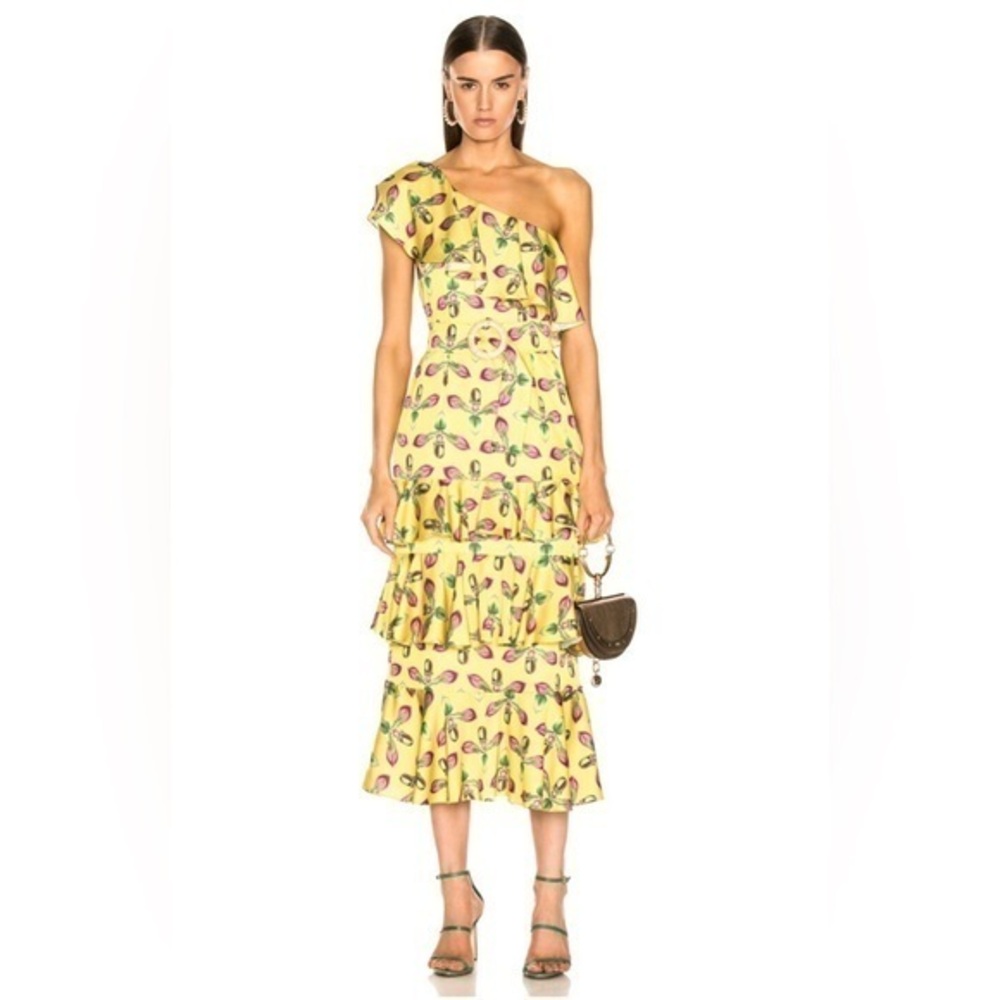 RARE PATBO One Shoulder Tiered Ruffle Midi Dress Bright Yellow Raffia Buckle 0